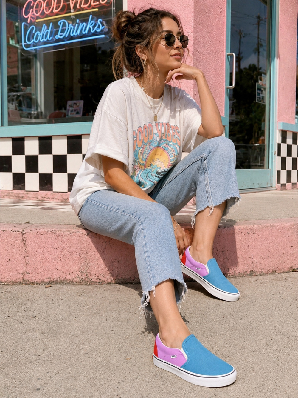 Vans Classic Canvas Slip-On Shoes Women Size 9 Blue Pink Red Low Top Sneakers
